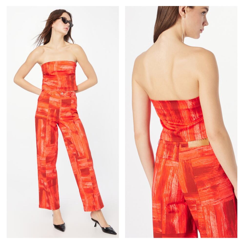 HOSBJERG Frida Tube Top Small 4 Red Printed Brushstroke Cotton Strapless Ipek
